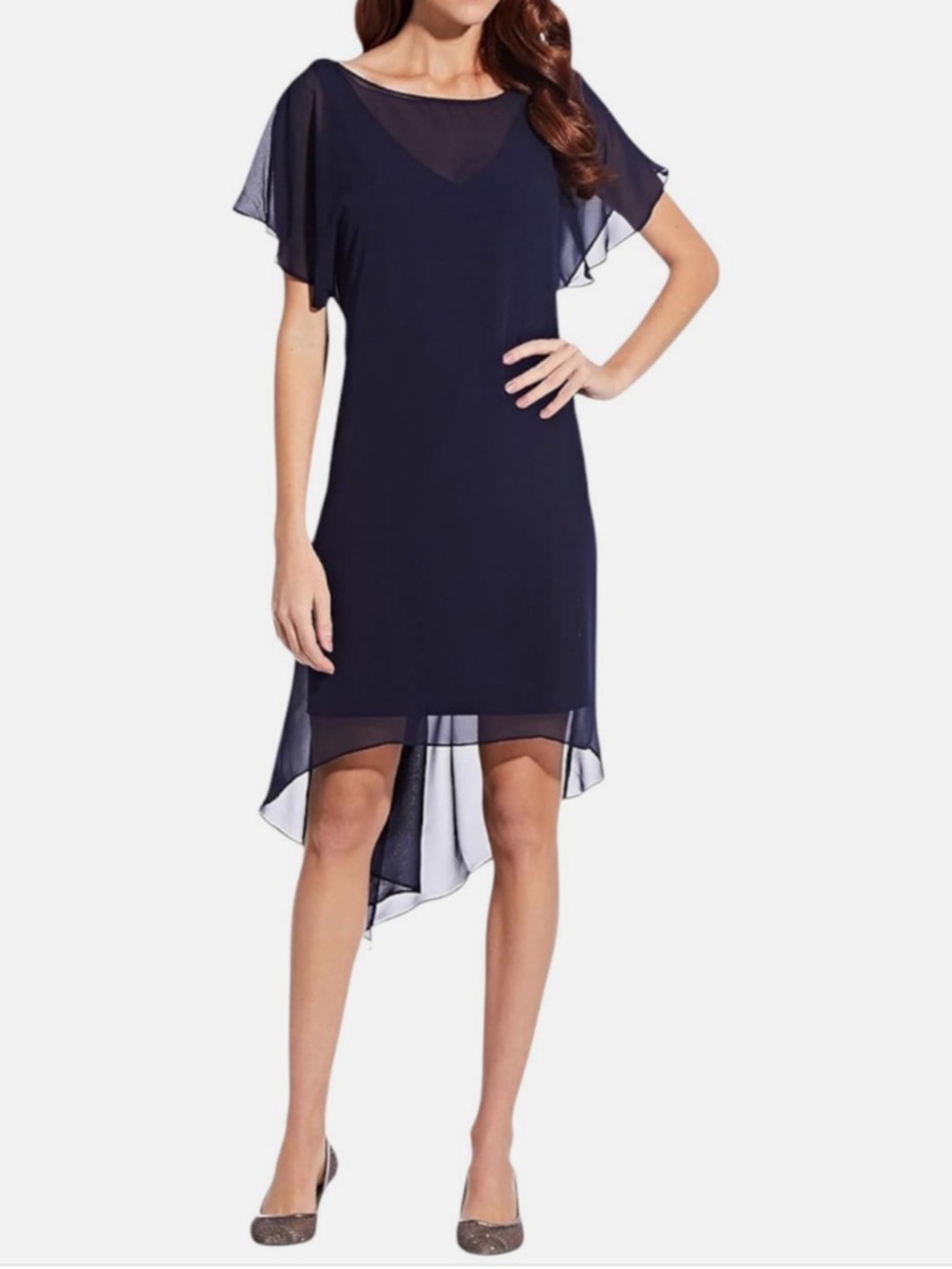 Adrianna Papell Women's Chiffon Overlay Draped Dress Navy Size Small NWT